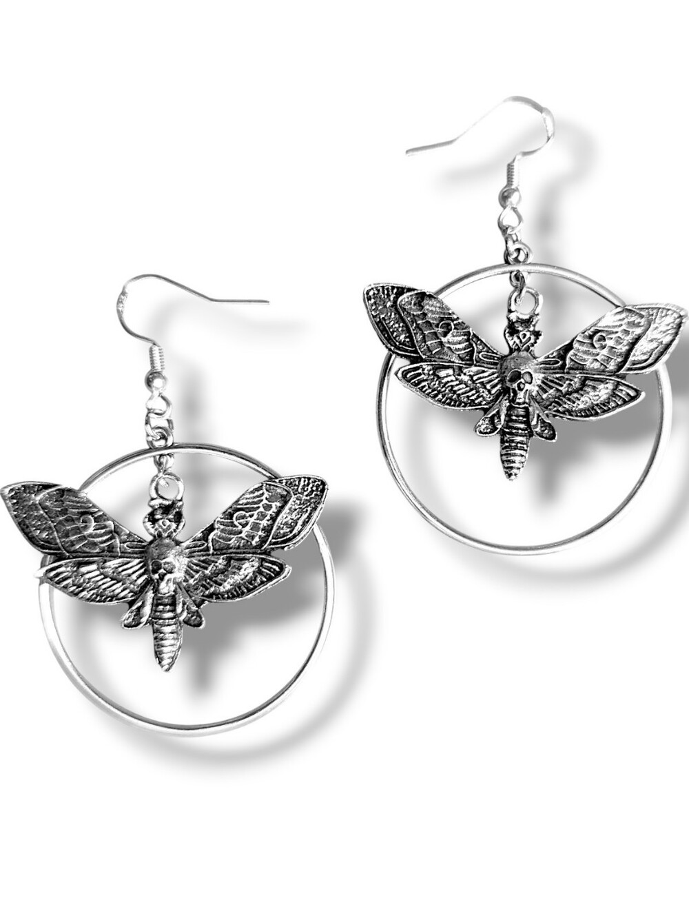 NWT Handmade Silver Death Moth and Silver Hoop Layered Earrings